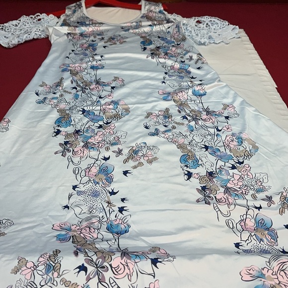 BLUE Japanese pink plants COLD open SHOULDER V neck coquette MAXI DRESS Asian M - Picture 13 of 16